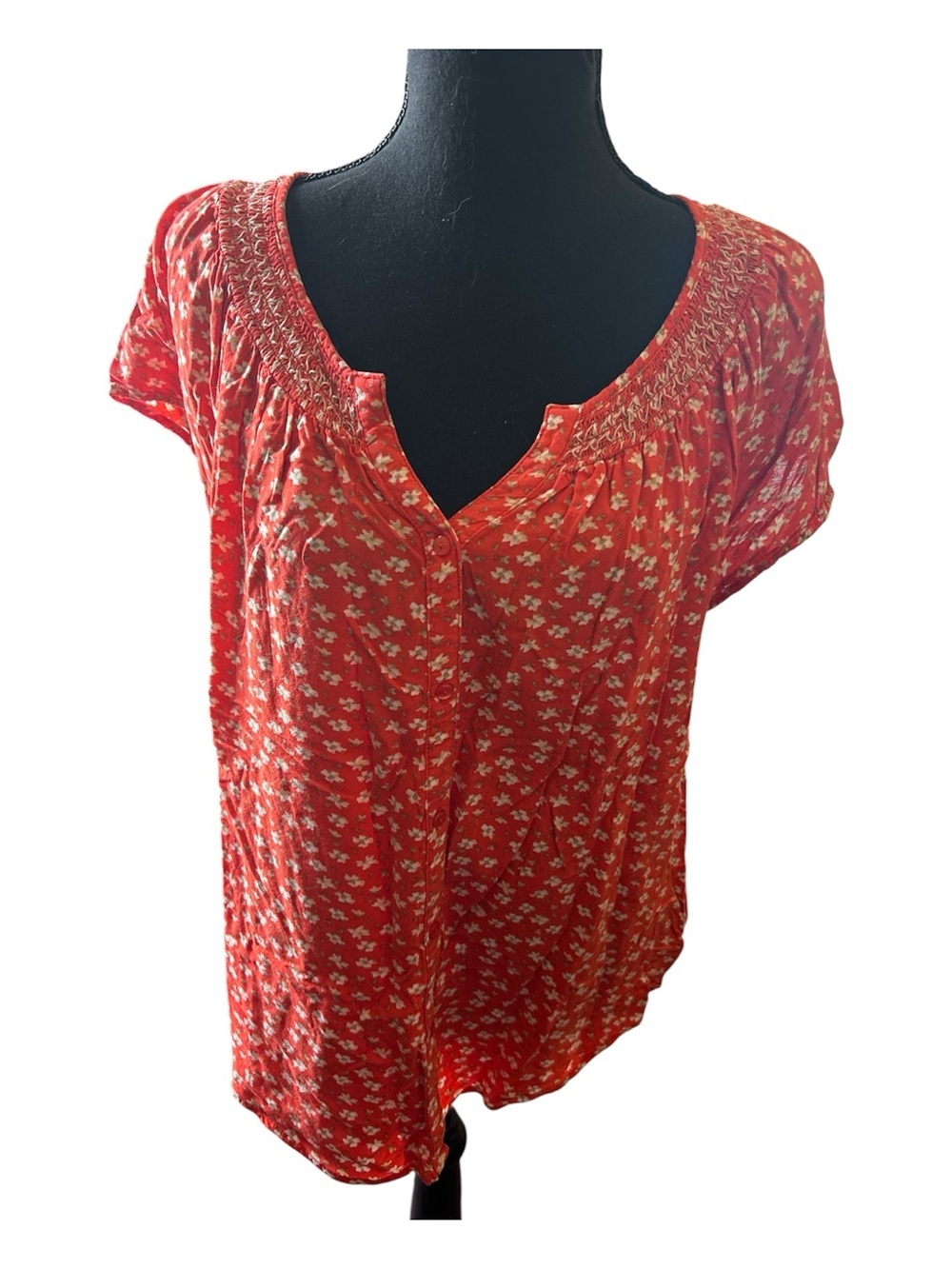 Faded Glory Women Orange Floral Short-Sleeve Smocked Yoke Top Size Large